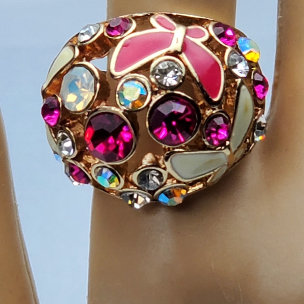 Vintage style Multicolor crystal Dome ring gold tone pink enamel Butterfly 8 *